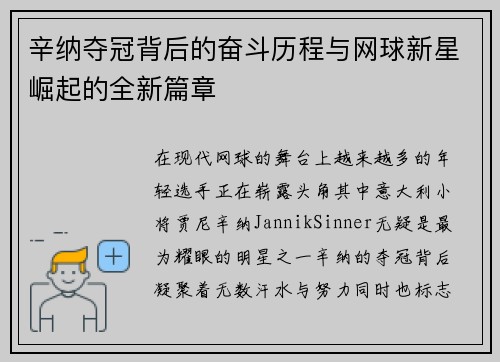 辛纳夺冠背后的奋斗历程与网球新星崛起的全新篇章