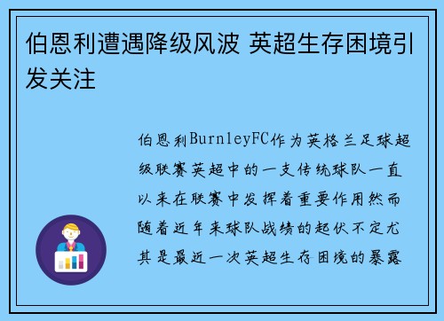 伯恩利遭遇降级风波 英超生存困境引发关注